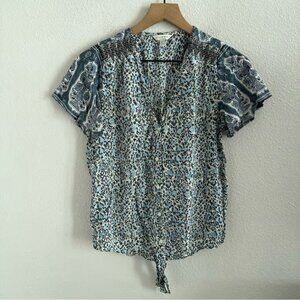 Lucky Brand Mixed Print Tie Front Button Blue Floral Top XS